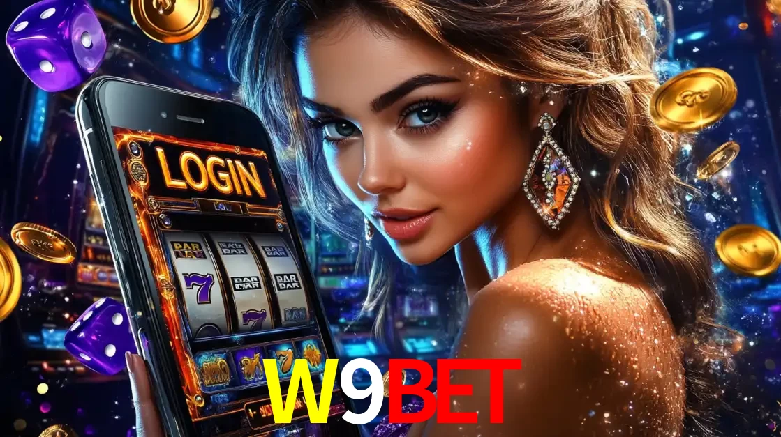Mulher glamorosa segurando um smartphone com a tela de login para os jogos de caça-níqueis do cassino online W9BET, com moedas de ouro e dados ao redor.